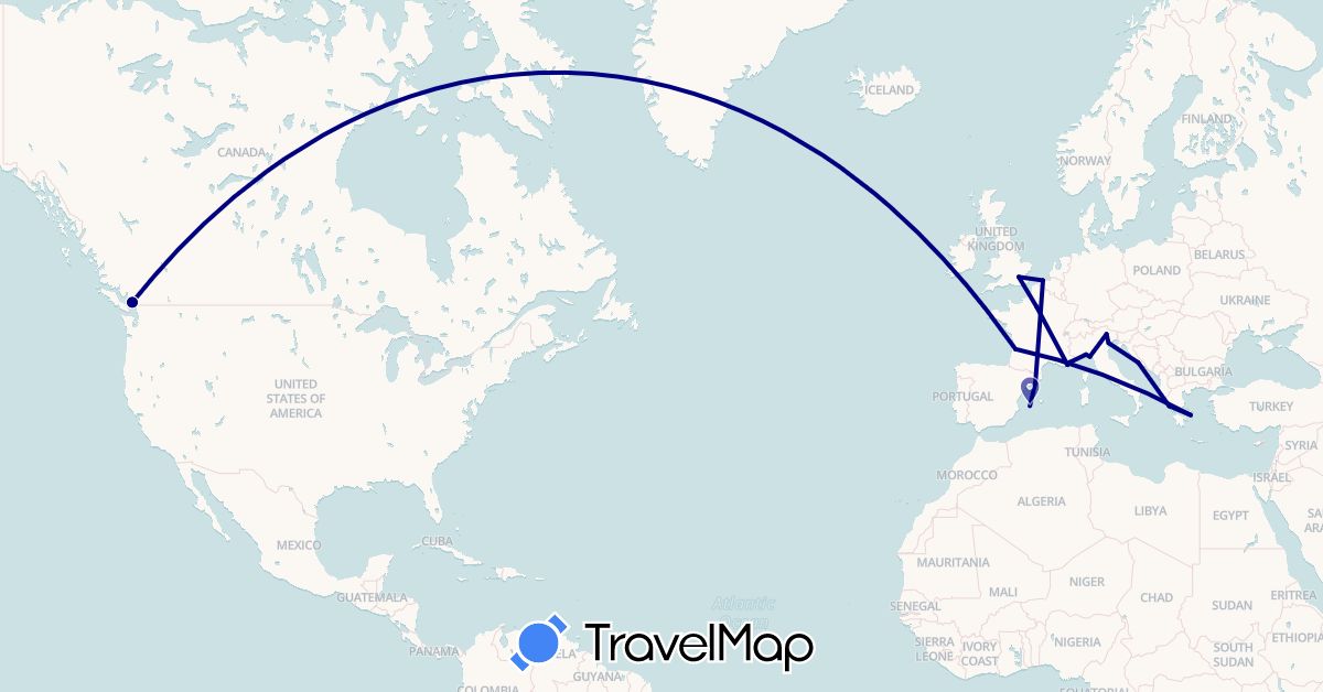 TravelMap itinerary: driving in Belgium, Canada, Spain, France, United Kingdom, Greece, Croatia, Italy (Europe, North America)